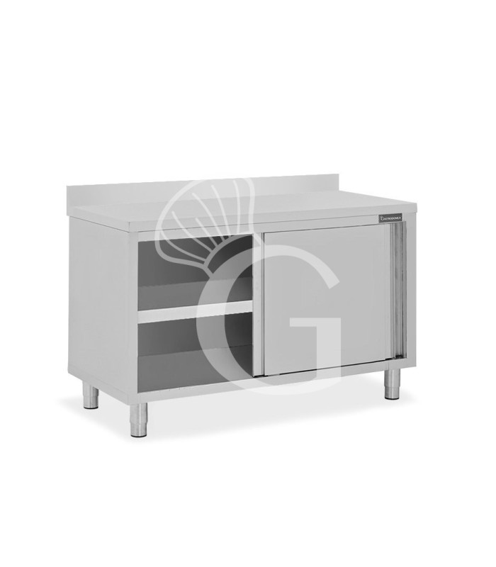 Tavolo inox armadiato con 2 porte scorrevoli e alzatina, L 1300 mm x P 800 mm x H 950 mm