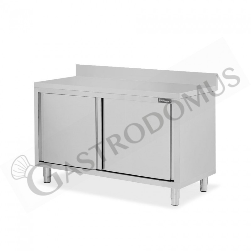 Tavolo inox armadiato con 2 porte scorrevoli e alzatina, L 1400 mm x P 800 mm x H 950 mm