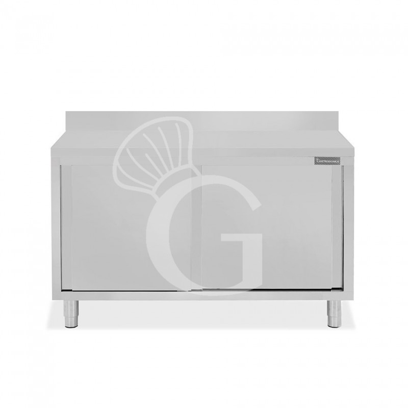 Tavolo inox armadiato con 2 porte scorrevoli e alzatina, L 1400 mm x P 800 mm x H 950 mm
