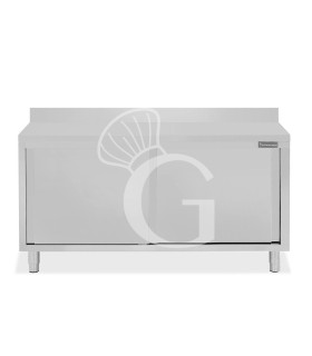 Tavolo inox armadiato con 2 porte scorrevoli e alzatina, L 1600 mm x P 800 mm x H 950 mm