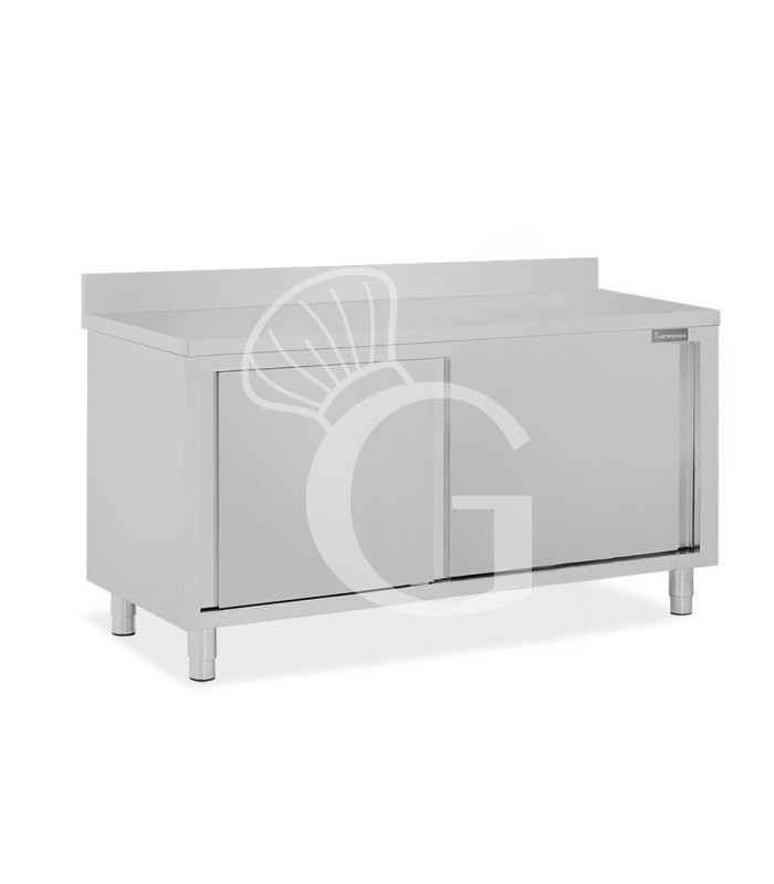 Tavolo inox armadiato con 2 porte scorrevoli e alzatina, L 1600 mm x P 800 mm x H 950 mm