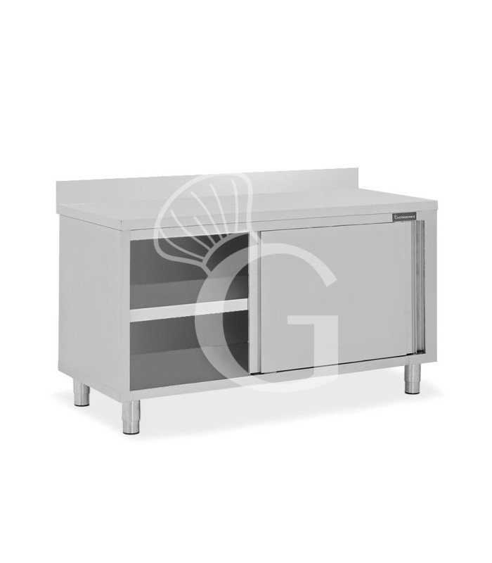 Tavolo inox armadiato con 2 porte scorrevoli e alzatina, L 1600 mm x P 800 mm x H 950 mm