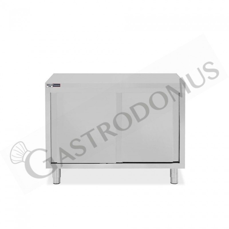 Tavolo armadiato in acciaio inox con 2 porte scorrevoli, L 1100 mm x P 800 mm x H 850 mm Tavolo armadiato in acciaio inox con 2 porte scorrevoli, L 1100 mm x P 800 mm x H 850 mm