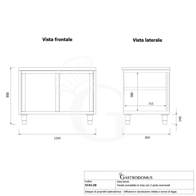 Tavolo armadiato in acciaio inox con 2 porte scorrevoli, L 1200 mm x P 800 mm x H 850 mm