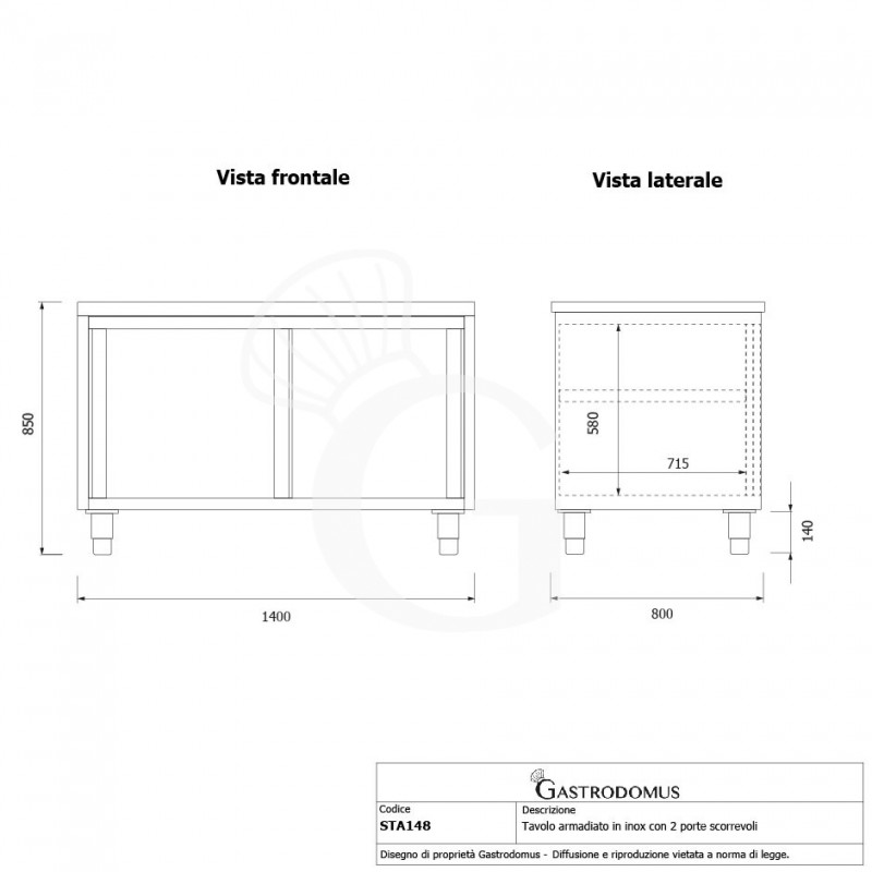 Tavolo armadiato in acciaio inox con 2 porte scorrevoli, L 1400 mm x P 800 mm x H 850 mm