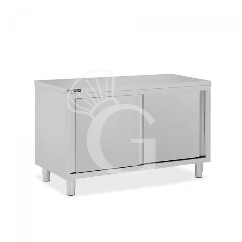 Tavolo armadiato in acciaio inox con 2 porte scorrevoli, L 1400 mm x P 800 mm x H 850 mm