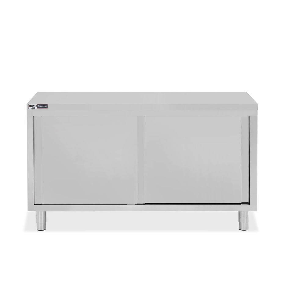 Tavolo armadiato in acciaio inox con 2 porte scorrevoli, L 1500 mm x P 800 mm x H 850 mm