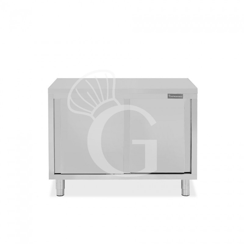 Tavolo armadiato in acciaio inox con 2 porte scorrevoli, L 1000 mm x P 800 mm x H 850 mm Tavolo armadiato in acciaio inox con 2 porte scorrevoli, L 1000 mm x P 800 mm x H 850 mm