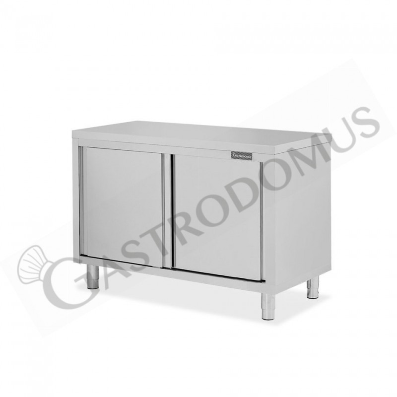 Tavolo armadiato in acciaio inox con 2 porte scorrevoli, L 1200 mm x P 800 mm x H 850 mm Tavolo armadiato in acciaio inox con 2 porte scorrevoli, L 1200 mm x P 800 mm x H 850 mm