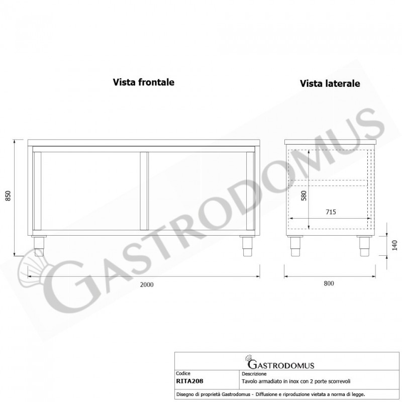 Tavolo armadiato in acciaio inox con 2 porte scorrevoli, L 2000 mm x P 800 mm x H 850 mm