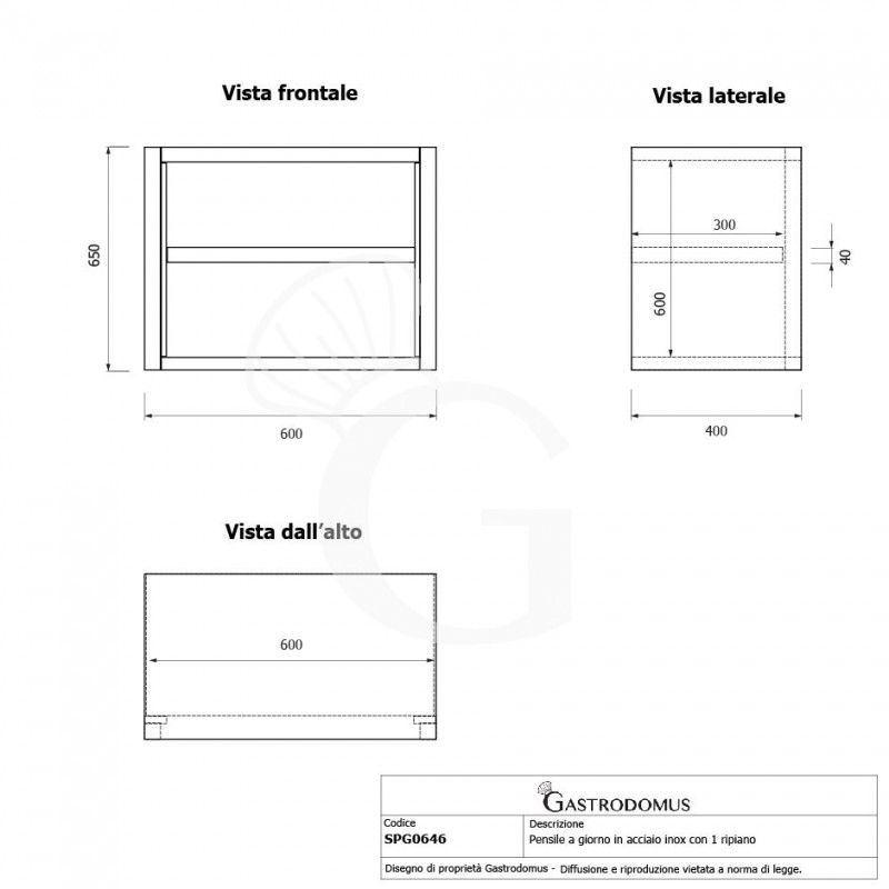 Pensile inox a giorno con 1 ripiano, L 600 mm x P 400 mm x H 650 mm