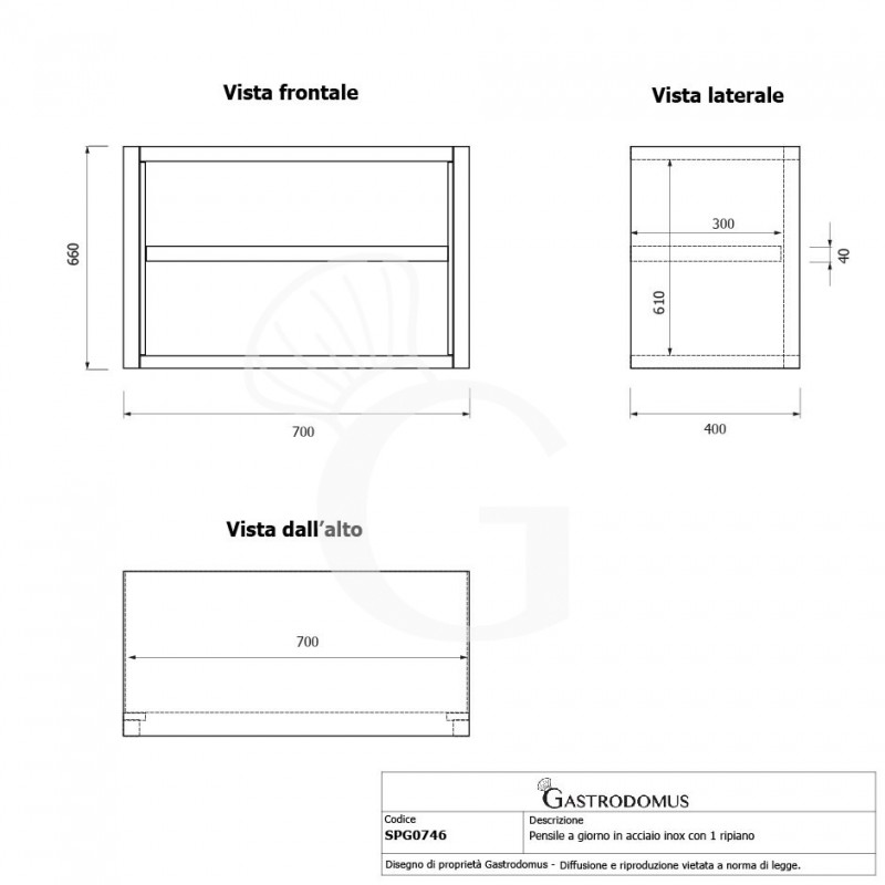 Pensile inox a giorno con 1 ripiano, L 700 mm x P 400 mm x H 660 mm