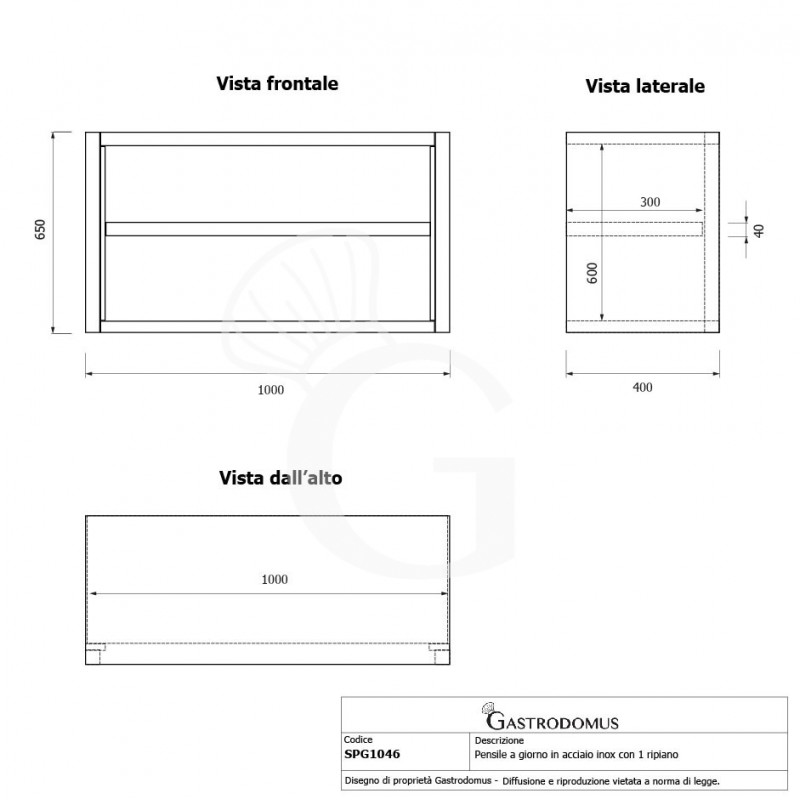 Pensile inox a giorno con 1 ripiano, L 1000 mm x P 400 mm x H 650 mm