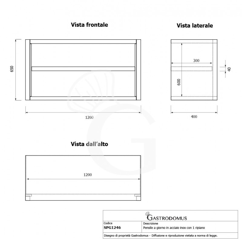 Pensile inox a giorno con 1 ripiano, L 1200 mm x P 400 mm x H 650 mm