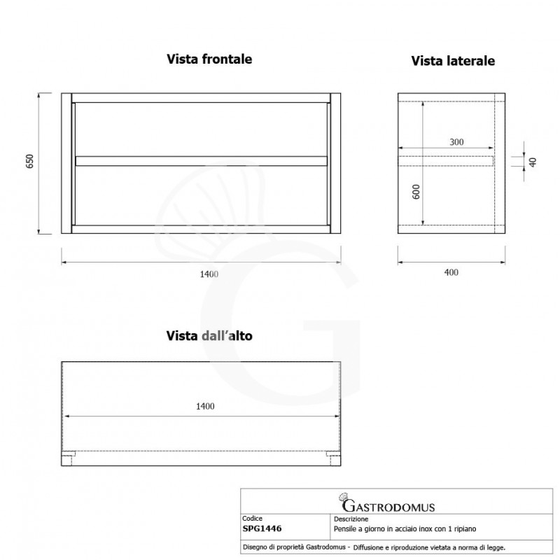 Pensile inox a giorno con 1 ripiano, L 1400 mm x P 400 mm x H 650 mm