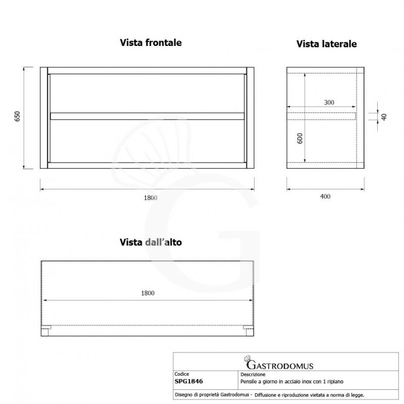 Pensile inox a giorno  con 1 ripiano, L 1800 mm x P 400 mm x H 650 mm