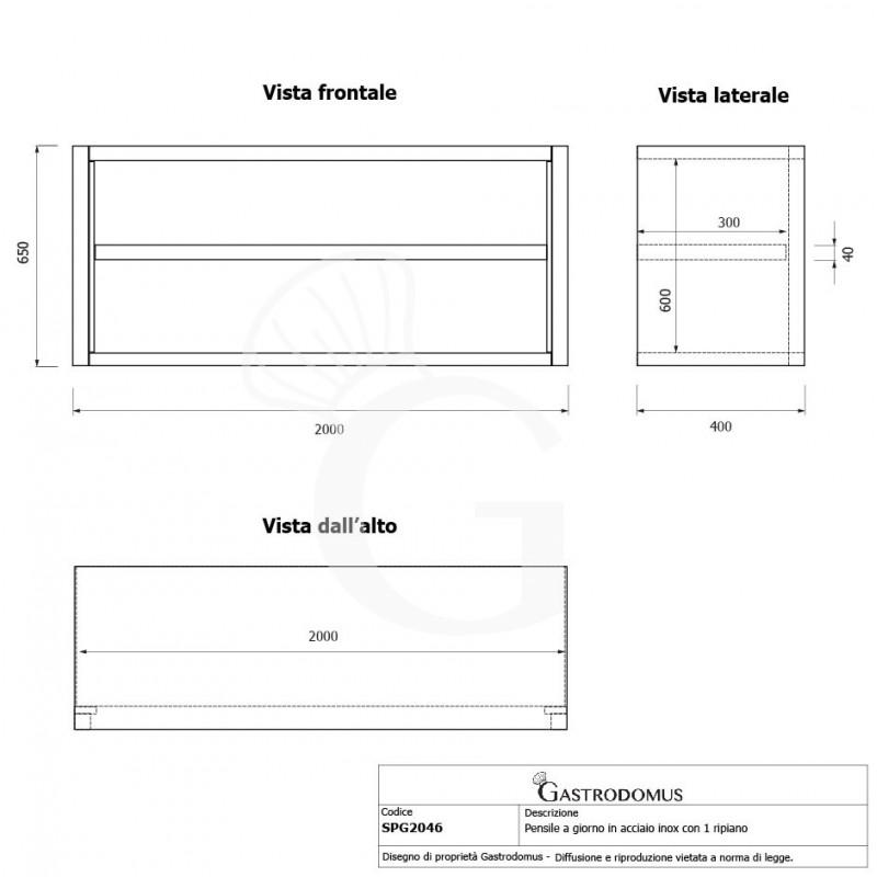 Pensile inox a giorno con 1 ripiano, L 2000 mm x P 400 mm x H 650 mm
