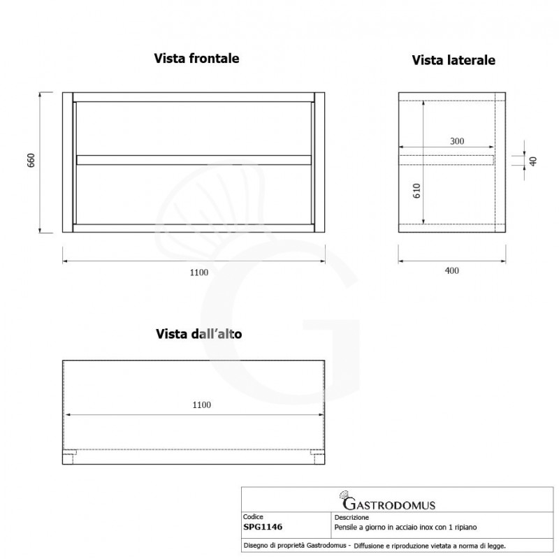 Pensile inox a giorno con 1 ripiano, L 1100 mm x P 400 mm x H 660 mm