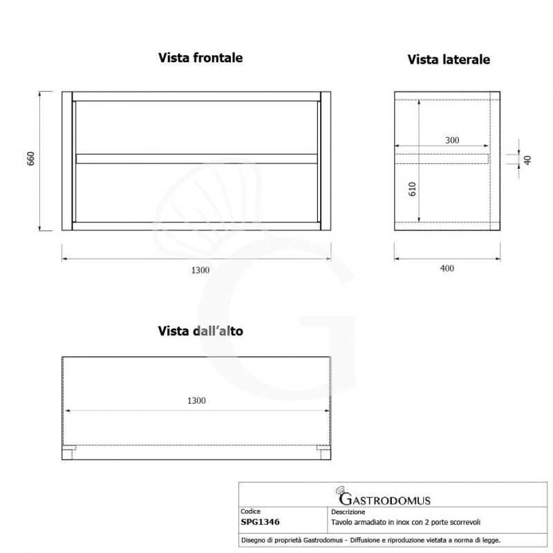 Pensile inox a giorno con 1 ripiano, L 1300 mm x P 400 mm x H 660 mm