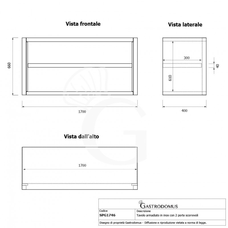 Pensile inox a giorno con 1 ripiano, L 1700 mm x P 400 mm x H 660 mm