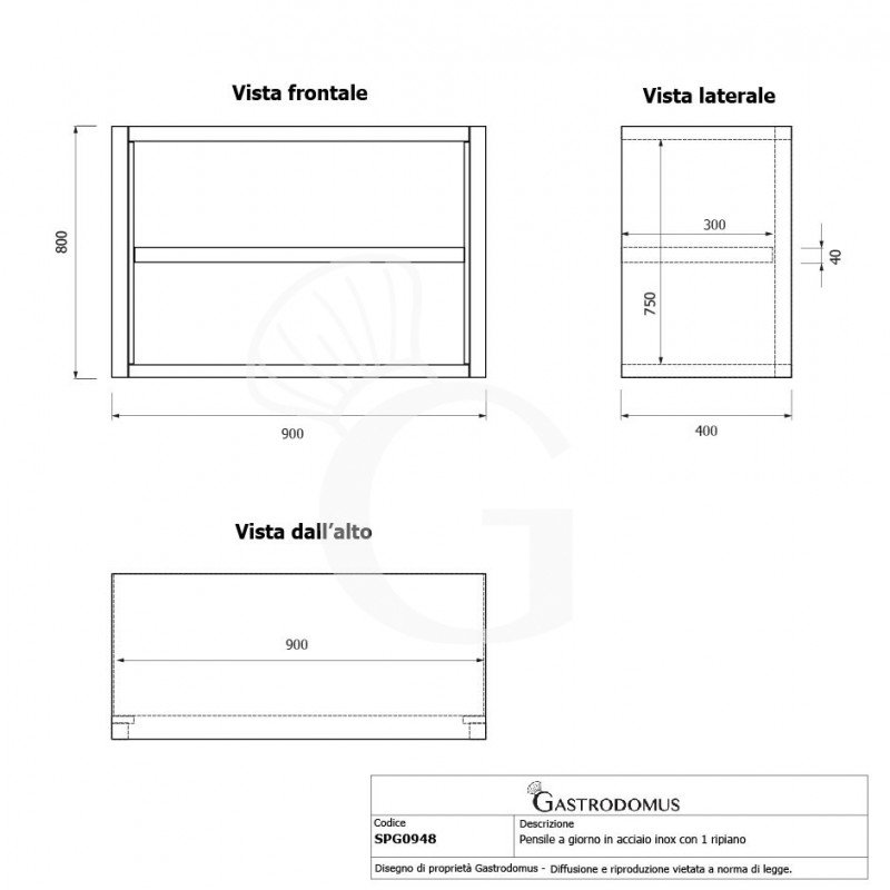 Pensile inox a giorno con 1 ripiano, L 900 mm x P 400 mm x H 800 mm