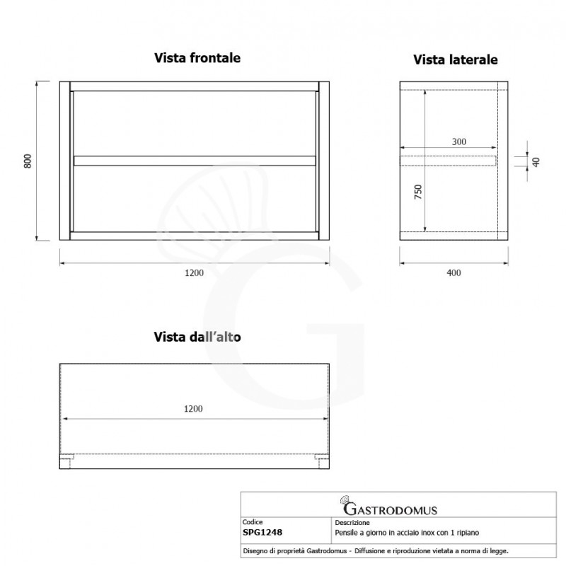 Pensile inox a giorno con 1 ripiano, L 1200 mm x P 400 mm x H 800 mm