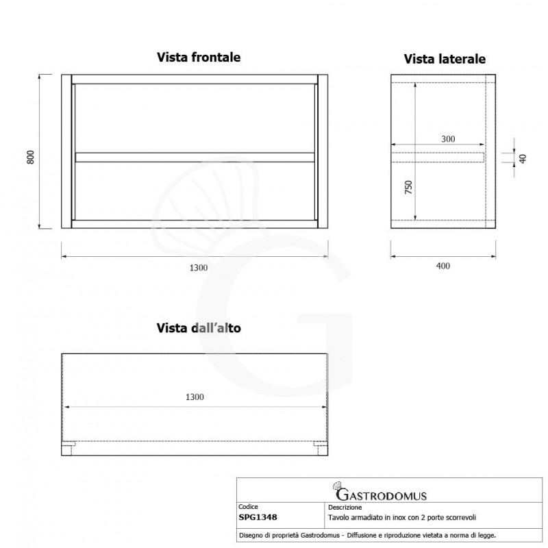 Pensile inox a giorno con 1 ripiano, L 1300 mm x P 400 mm x H 800 mm