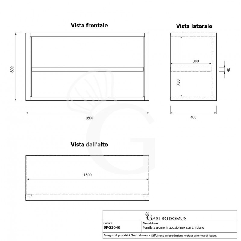 Pensile inox a giorno con 1 ripiano, L 1600 mm x P 400 mm x H 800 mm