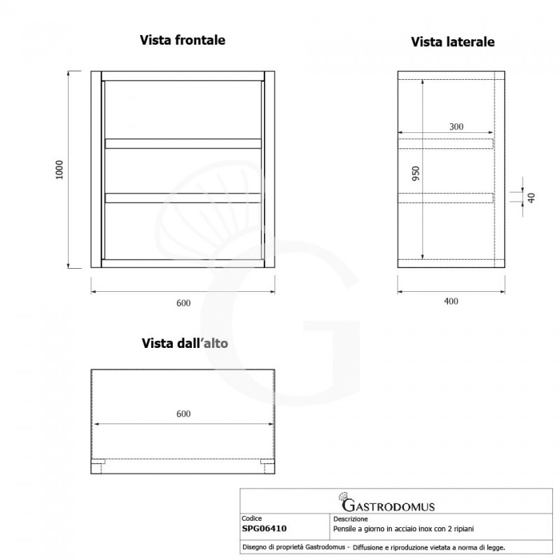 Pensile inox a giorno con 2 ripiani, L 600 mm x P 400 mm x H 1000 mm
