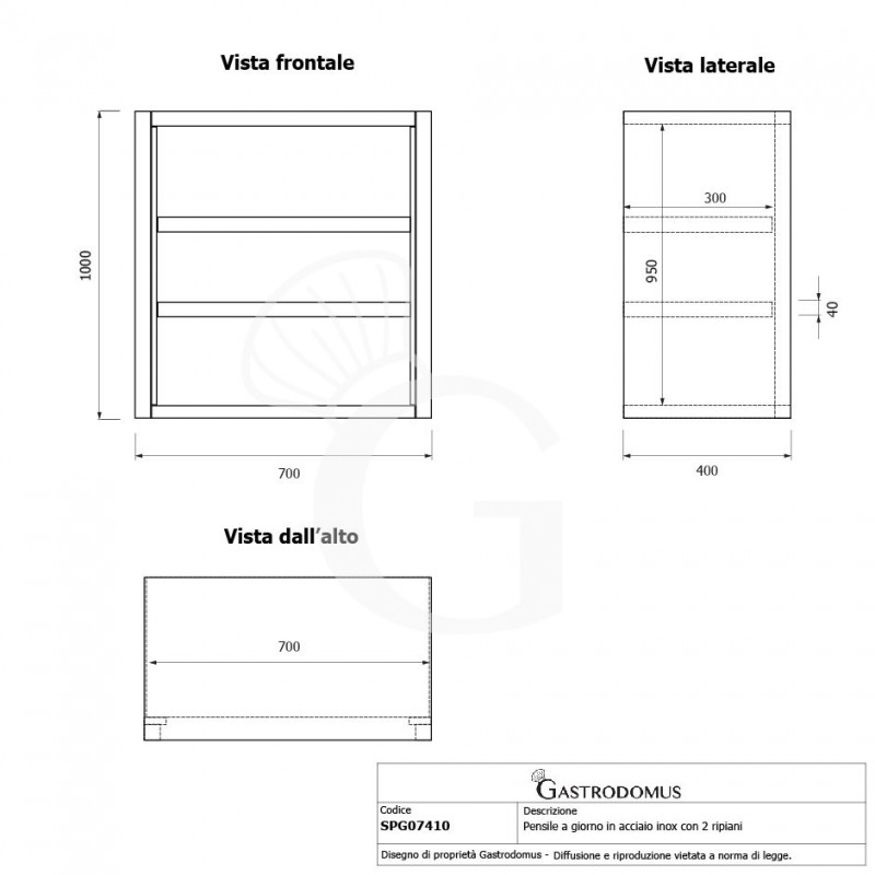 Pensile inox a giorno con 2 ripiani, L 700 mm x P 400 mm x H 1000 mm