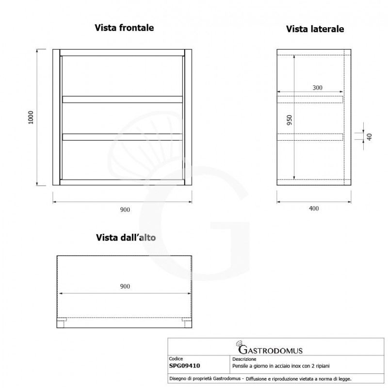 Pensile inox a giorno con 2 ripiani, L 900 mm x P 400 mm x H 1000 mm