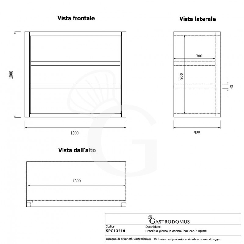 Pensile inox a giorno con 2 ripiani, L 1300 mm x P 400 mm x H 1000 mm