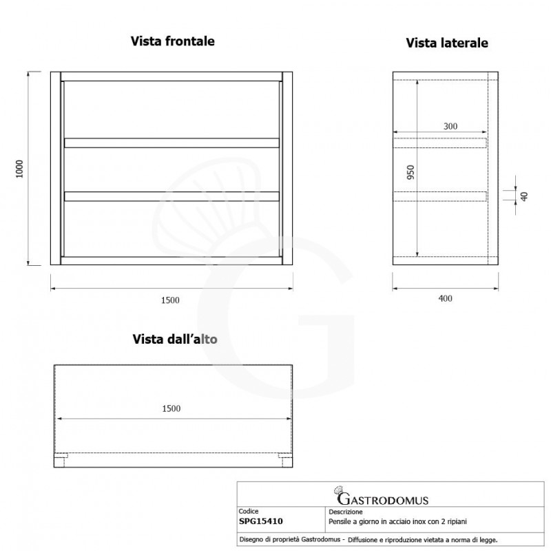 Pensile inox a giorno con 2 ripiani, L 1500 mm x P 400 mm x H 1000 mm