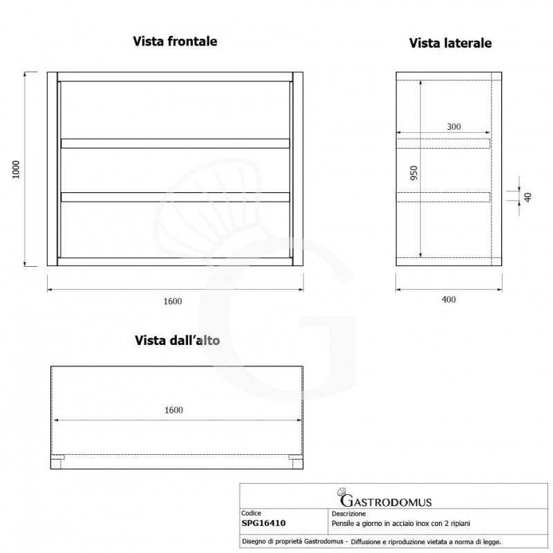 Pensile inox a giorno con 2 ripiani, L 1600 mm x P 400 mm x H 1000 mm