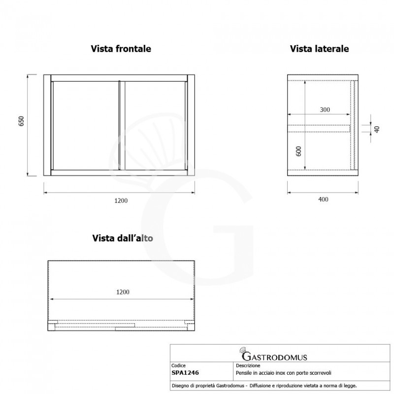 Pensile acciaio inox con porte scorrevoli, 1 ripiano, L 1200 x P 400 x H 650 mm