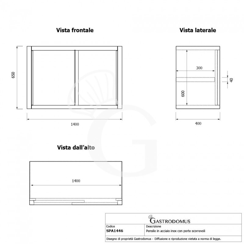 Pensile acciaio inox con porte scorrevoli, 1 ripiano, L 1400 x P 400 x H 650 mm