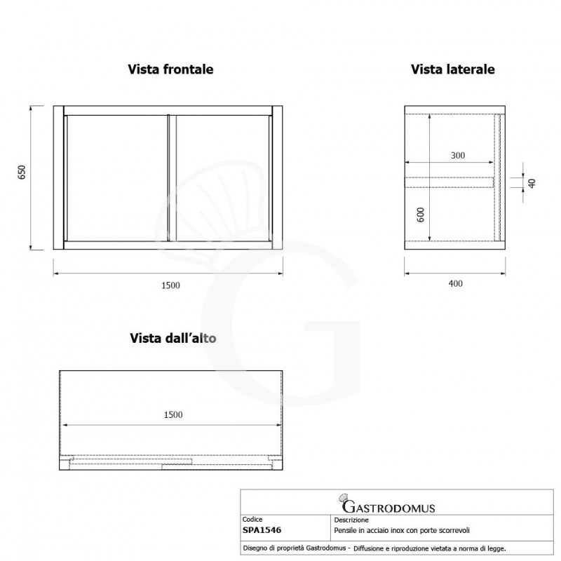 Pensile acciaio inox con porte scorrevoli, 1 ripiano, L 1500 x P 400 x H 650 mm