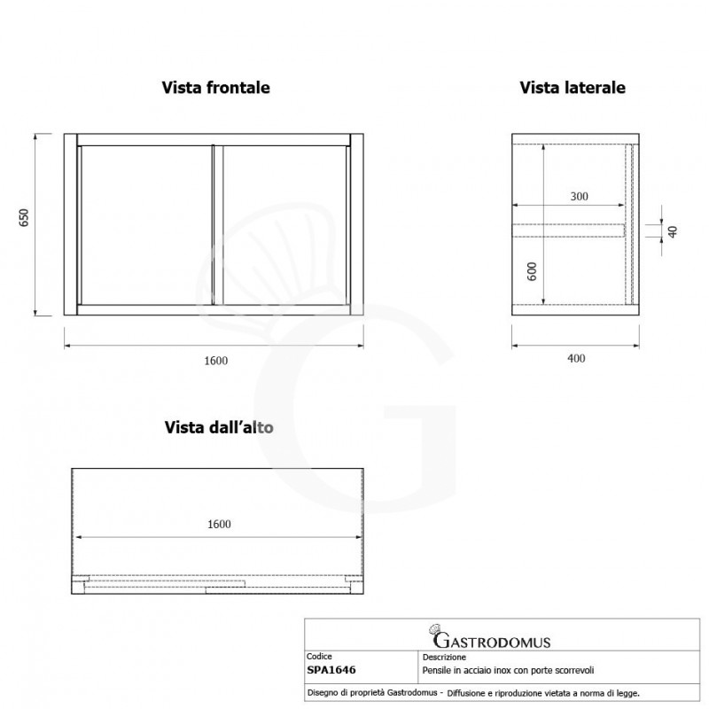 Pensile acciaio inox con porte scorrevoli, 1 ripiano, L 1600 x P 400 x H 650 mm