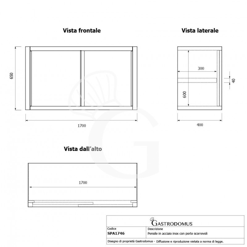 Pensile acciaio inox con porte scorrevoli, 1 ripiano, L 1700 x P 400 x H 650 mm