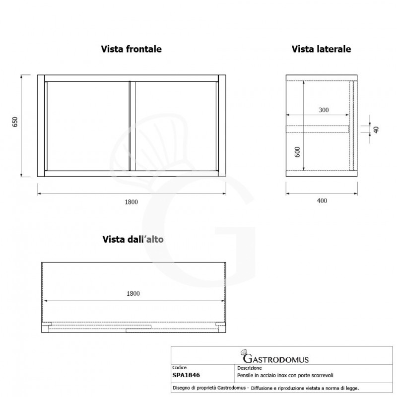Pensile acciaio inox con porte scorrevoli, 1 ripiano, L 1800 x P 400 x H 650 mm