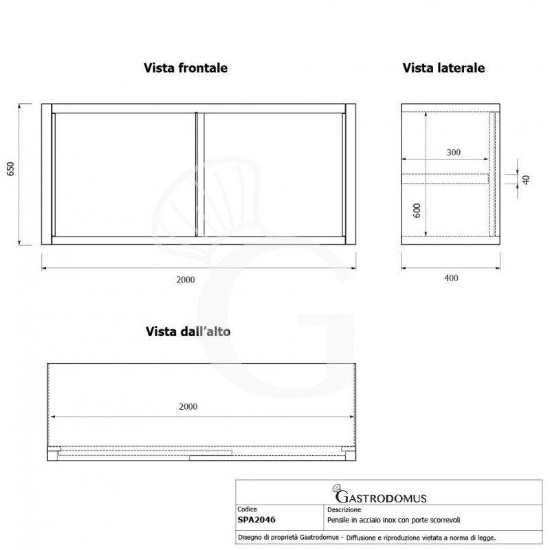 Pensile acciaio inox con porte scorrevoli, 1 ripiano, L 2000 x P 400 x H 650 mm