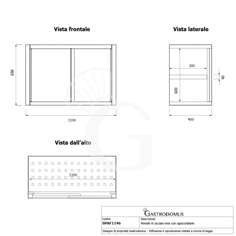 Pensile acciaio inox con sgocciolatoio,1 ripiano forato,porte scorrevoli L 1100 x P 400 x H 650 mm