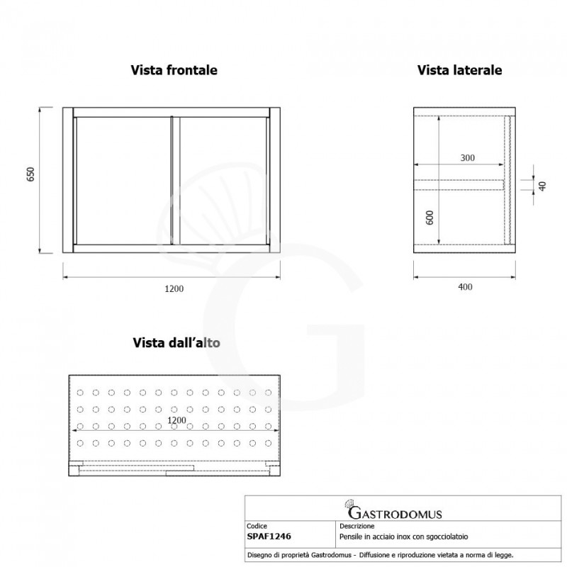 Pensile acciaio inox con sgocciolatoio,1 ripiano forato,porte scorrevoli L 1200 x P 400 x H 650 mm