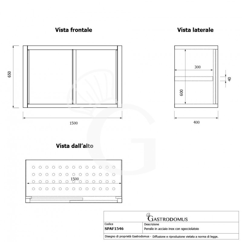 Pensile acciaio inox con sgocciolatoio,1 ripiano forato,porte scorrevoli L 1500 x P 400 x H 650 mm