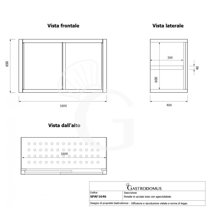 Pensile acciaio inox con sgocciolatoio,1 ripiano forato,porte scorrevoli L 1600 x P 400 x H 650 mm