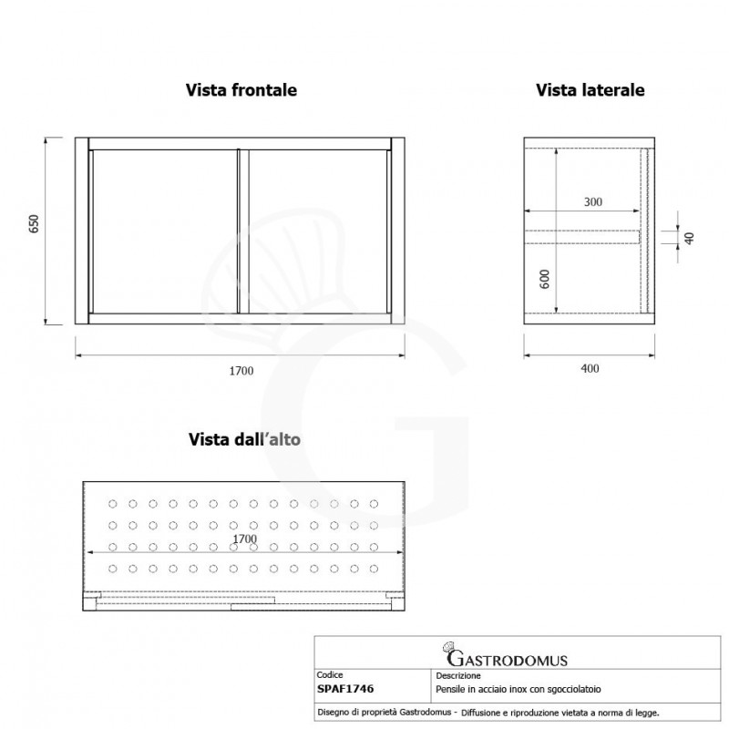 Pensile acciaio inox con sgocciolatoio,1 ripiano forato,porte scorrevoli L 1700 x P 400 x H 650 mm
