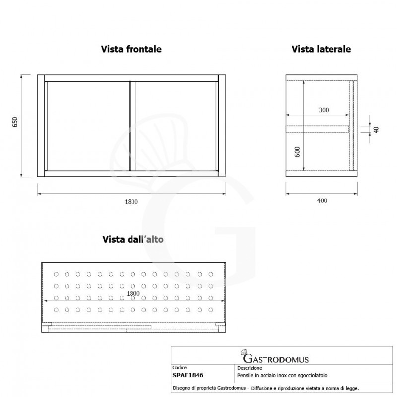 Pensile acciaio inox con sgocciolatoio,1 ripiano forato,porte scorrevoli L 1800 x P 400 x H 650 mm