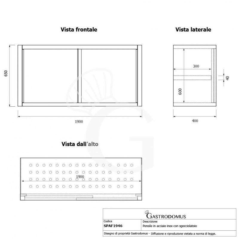 Pensile acciaio inox con sgocciolatoio,1 ripiano forato,porte scorrevoli L 1900 x P 400 x H 660 mm