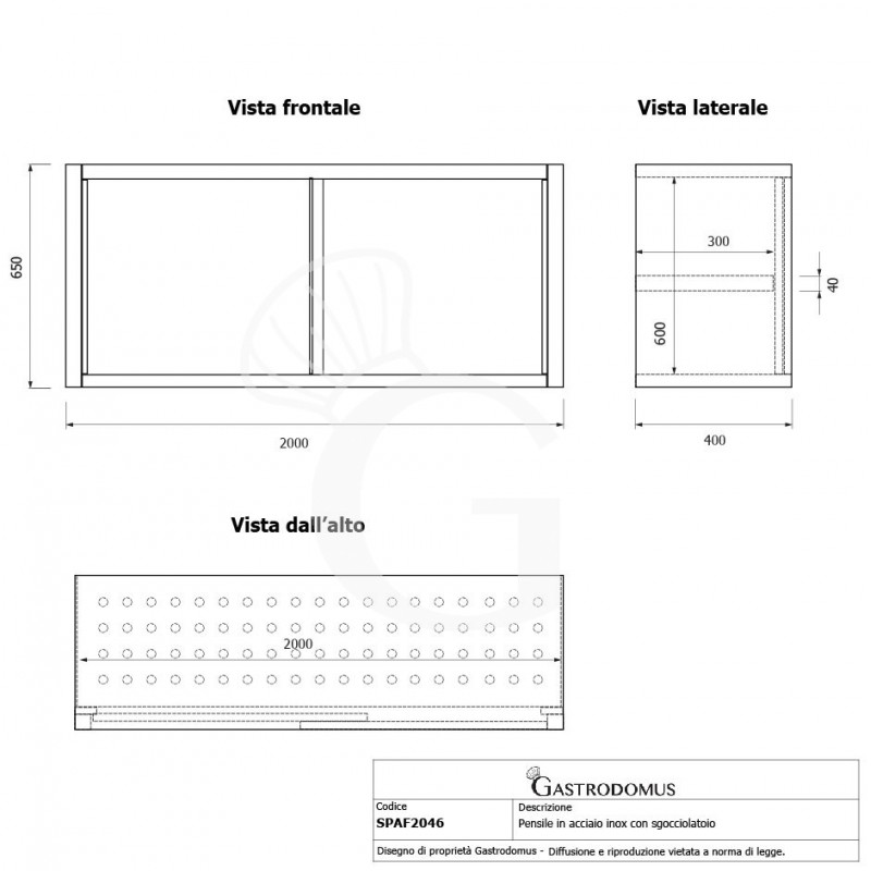 Pensile acciaio inox con sgocciolatoio,1 ripiano forato,porte scorrevoli L 2000 x P 400 x H 650 mm