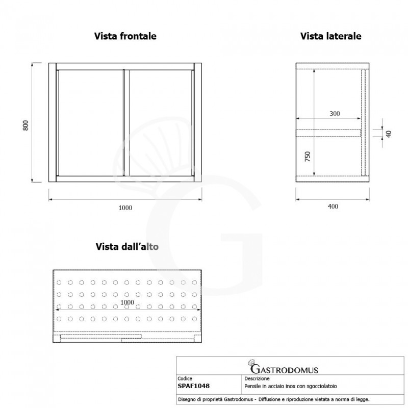 Pensile acciaio inox con sgocciolatoio,1 ripiano forato,porte scorrevoli L 1000 x P 400 x H 800 mm